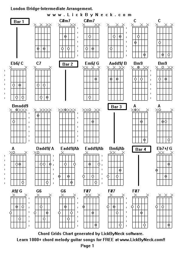 Chord Grids Chart of chord melody fingerstyle guitar song-London Bridge-Intermediate Arrangement,generated by LickByNeck software.